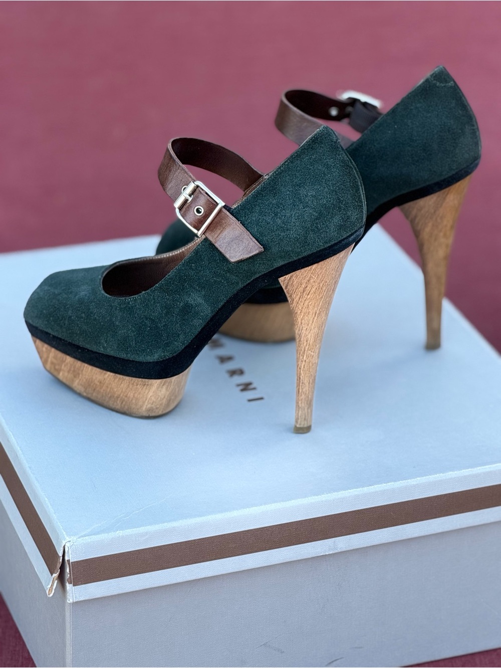 Marni Dark Green Suede Platform Mary Jane Heels